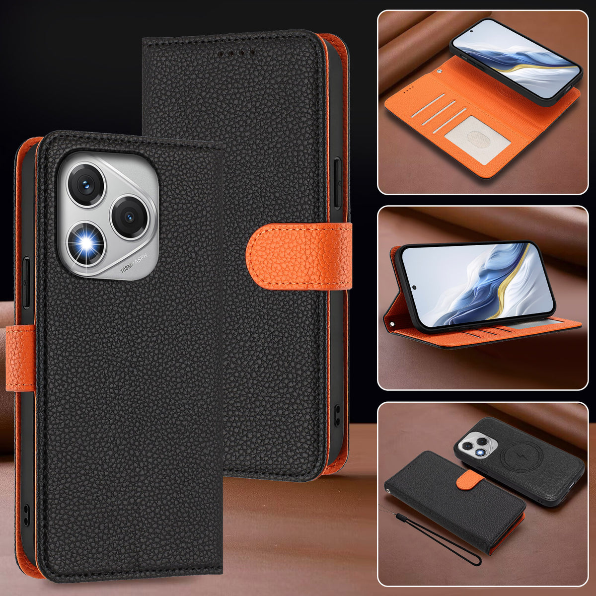 For Honor 400 Lite 5G Leather Case Detachable Wallet Magnetic Phone Cover with Hand Strap
