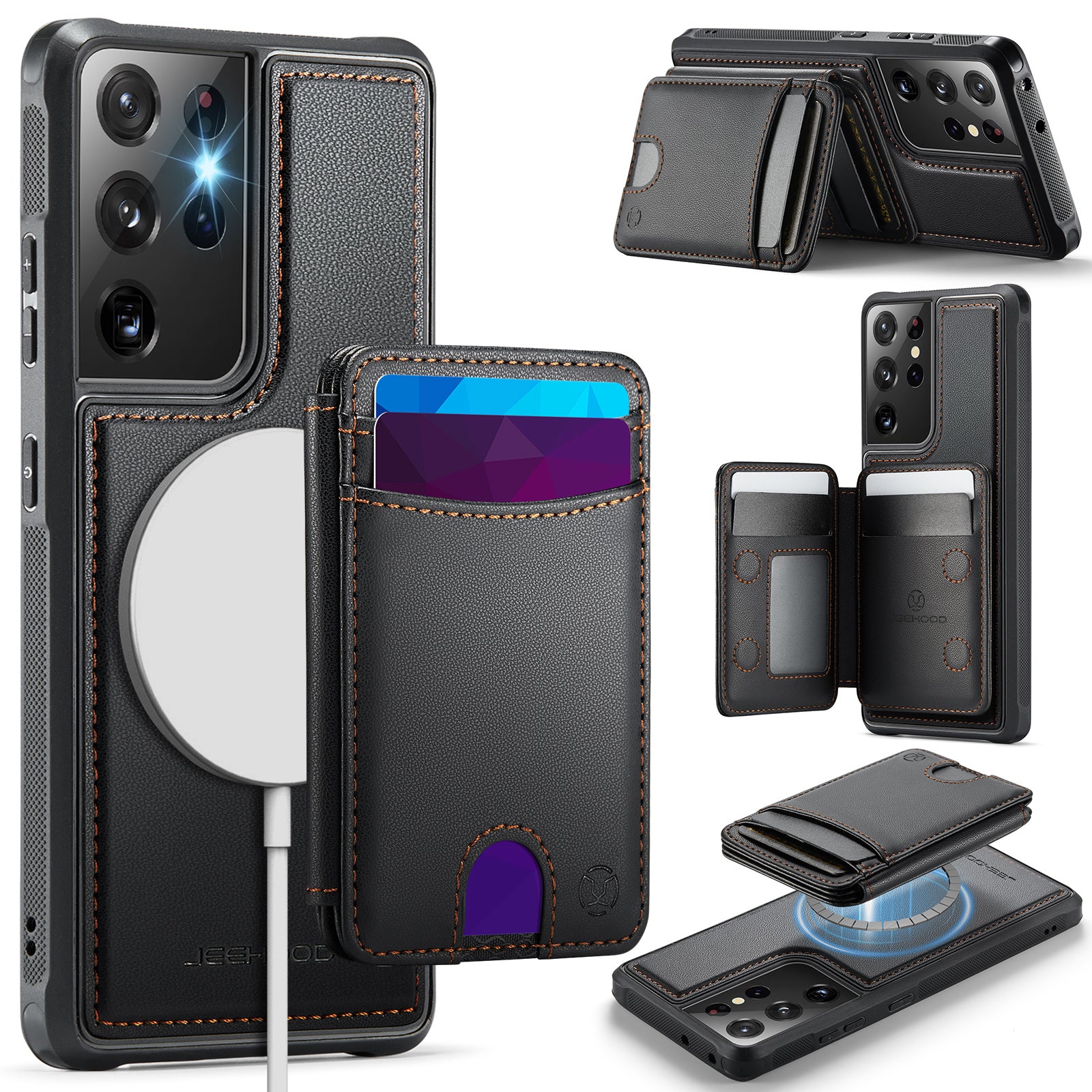 JEEHOOD For Samsung Galaxy S21 Ultra 5G Magnetic Case  J10 Leather Back Phone Cover with Detachable Card Holder Kickstand