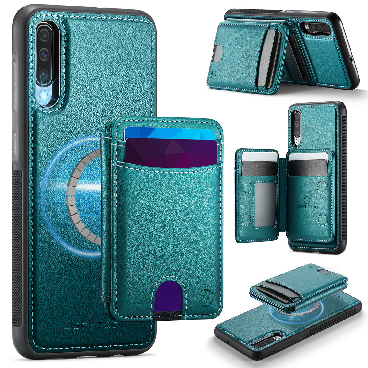 JEEHOOD Magnetiskt Skal För Samsung Galaxy A50 J10 Läder Baksida mobilskal med Avtagbar Korthållare Stativ