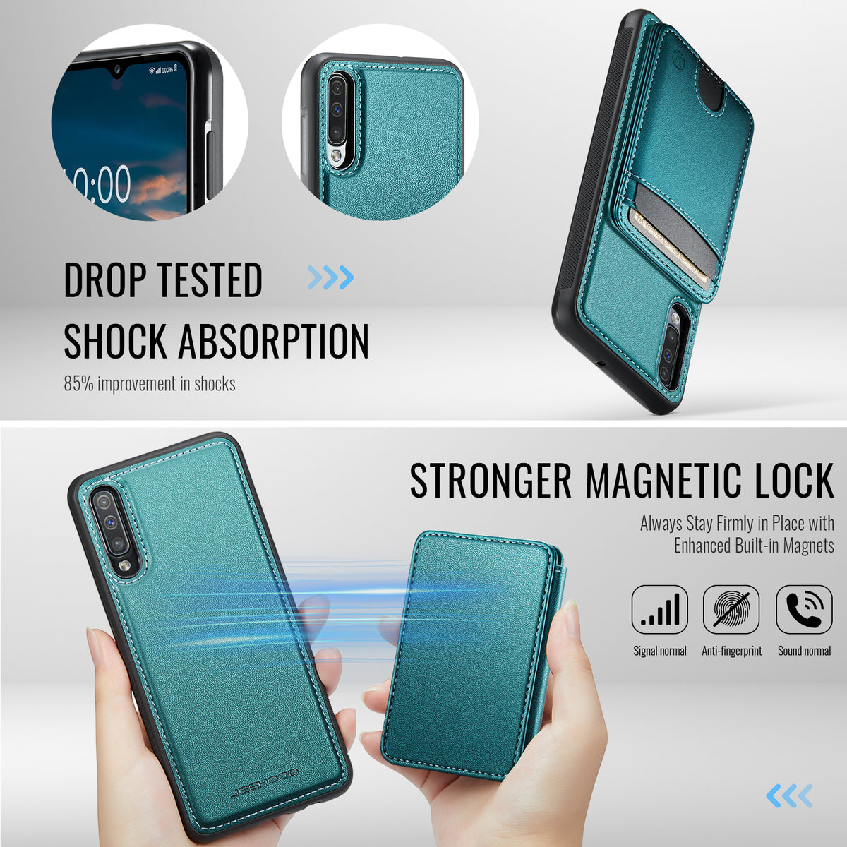 JEEHOOD Magnetiskt Skal För Samsung Galaxy A50 J10 Läder Baksida mobilskal med Avtagbar Korthållare Stativ