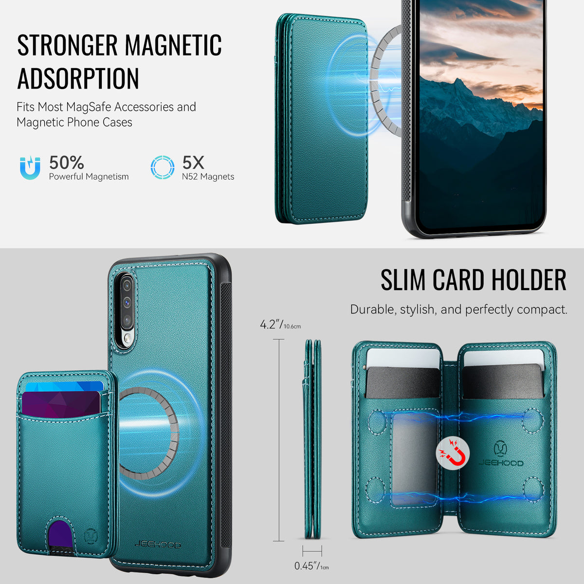 JEEHOOD Magnetiskt Skal För Samsung Galaxy A50 J10 Läder Baksida mobilskal med Avtagbar Korthållare Stativ