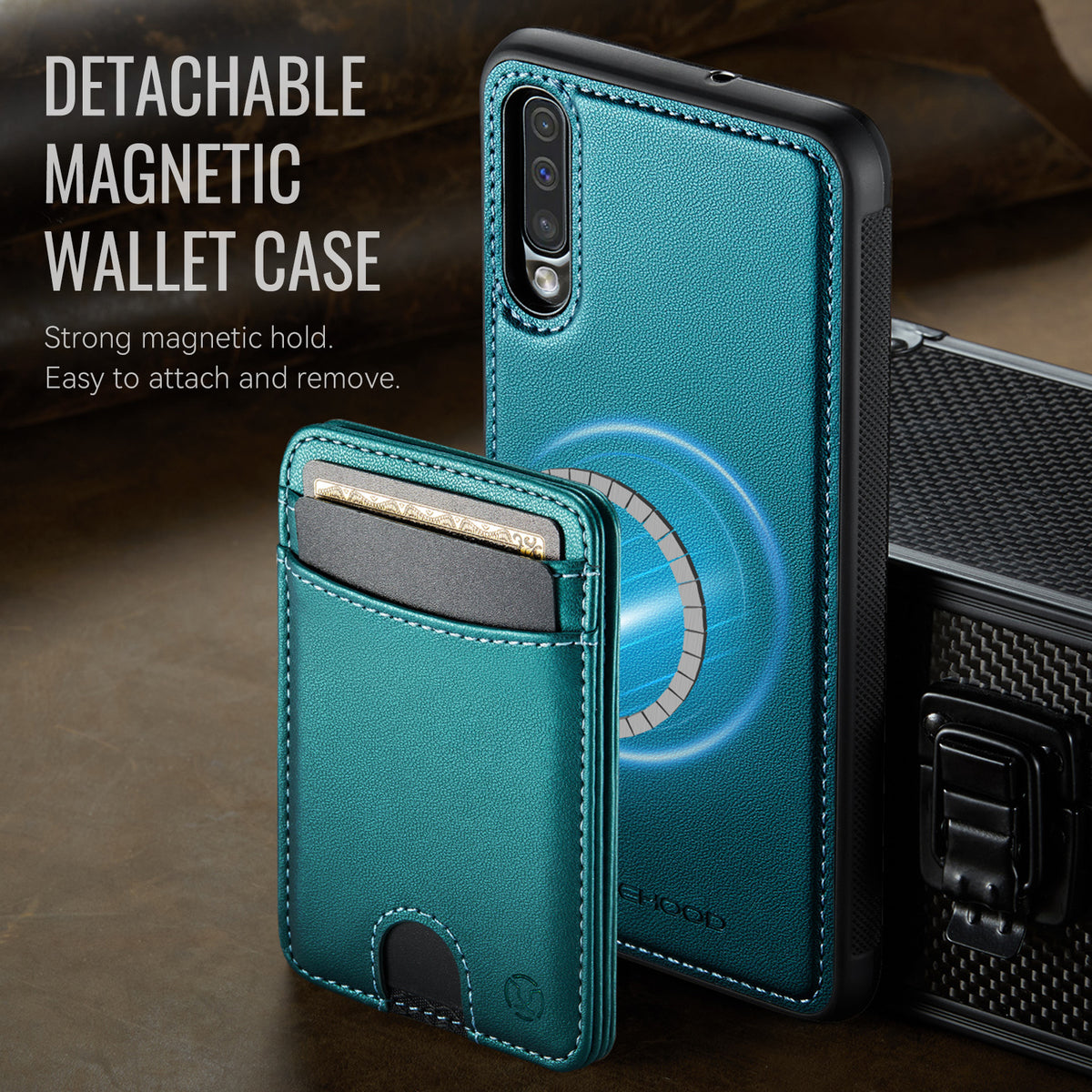 JEEHOOD Magnetiskt Skal För Samsung Galaxy A50 J10 Läder Baksida mobilskal med Avtagbar Korthållare Stativ