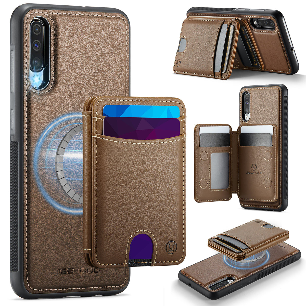 JEEHOOD Magnetiskt Skal För Samsung Galaxy A50 J10 Läder Baksida mobilskal med Avtagbar Korthållare Stativ