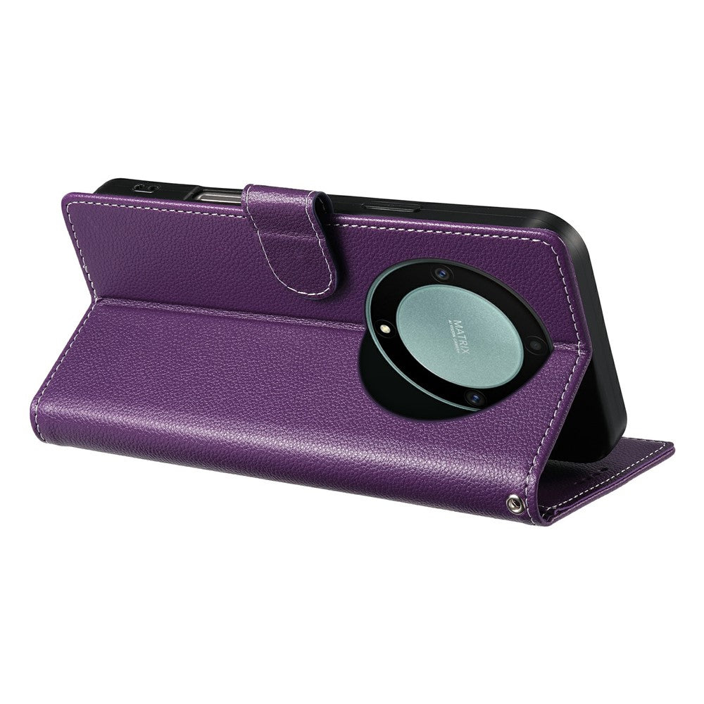 Leather Case for Honor Magic8 Lite 5G / X70 5G / X9d 5G Magnetic Snap Litchi Texture Wallet Phone Cover with Wrist Strap