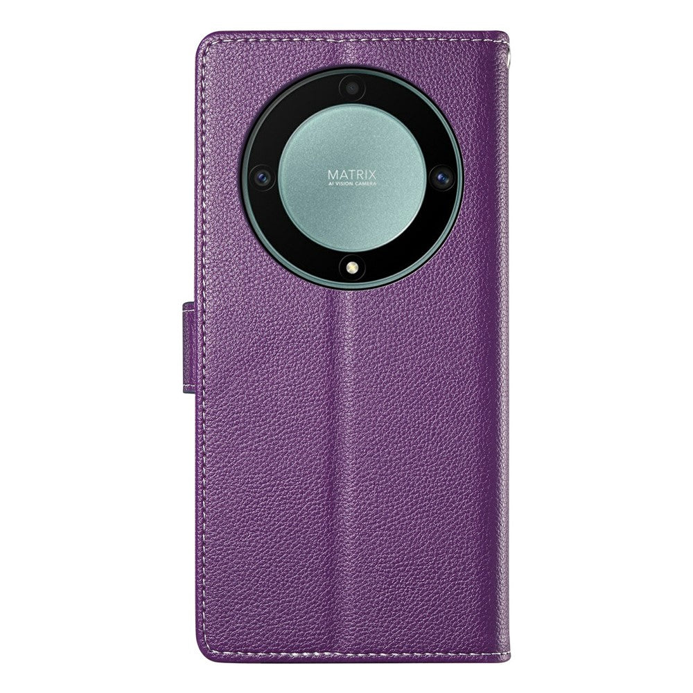 Leather Case for Honor Magic8 Lite 5G / X70 5G / X9d 5G Magnetic Snap Litchi Texture Wallet Phone Cover with Wrist Strap