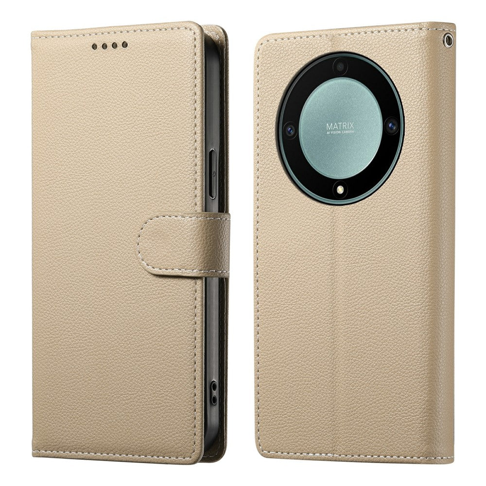 Leather Case for Honor Magic8 Lite 5G / X70 5G / X9d 5G Magnetic Snap Litchi Texture Wallet Phone Cover with Wrist Strap