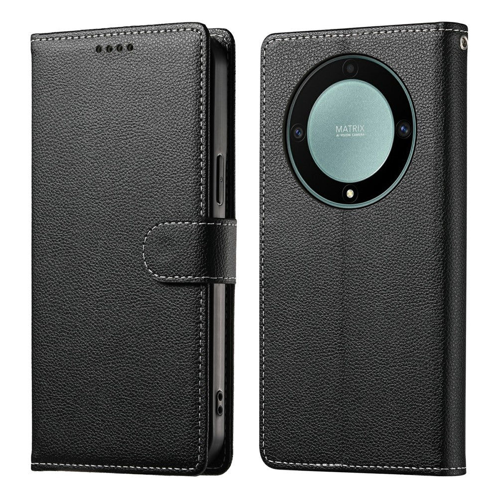 Leather Case for Honor Magic8 Lite 5G / X70 5G / X9d 5G Magnetic Snap Litchi Texture Wallet Phone Cover with Wrist Strap