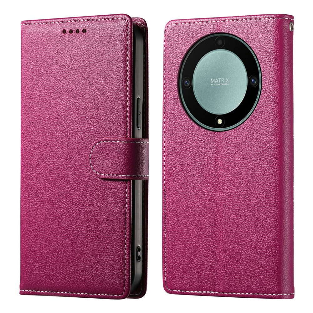 Leather Case for Honor Magic8 Lite 5G / X70 5G / X9d 5G Magnetic Snap Litchi Texture Wallet Phone Cover with Wrist Strap