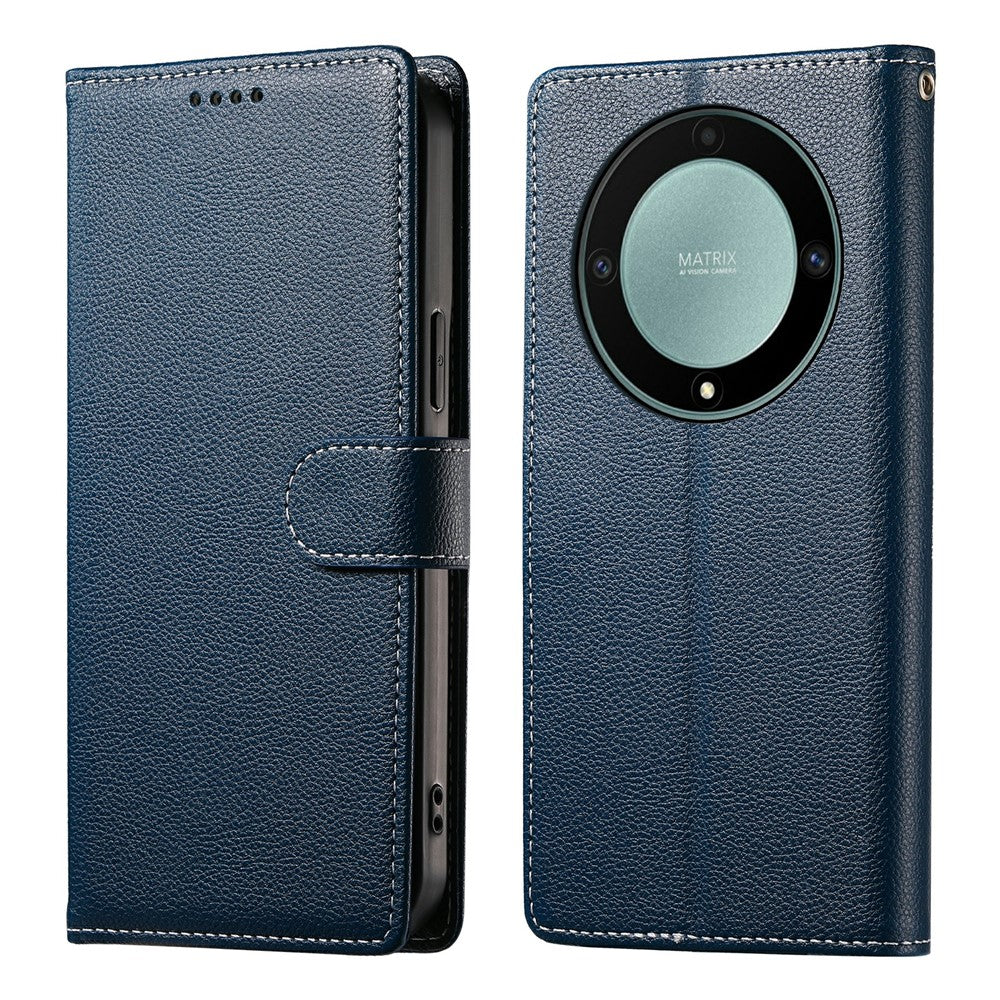 Leather Case for Honor Magic8 Lite 5G / X70 5G / X9d 5G Magnetic Snap Litchi Texture Wallet Phone Cover with Wrist Strap