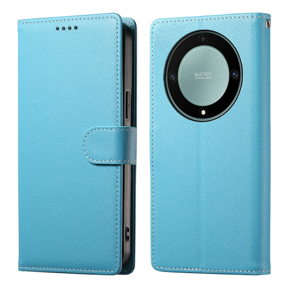 Leather Case for Honor Magic8 Lite 5G / X70 5G / X9d 5G Magnetic Snap Litchi Texture Wallet Phone Cover with Wrist Strap