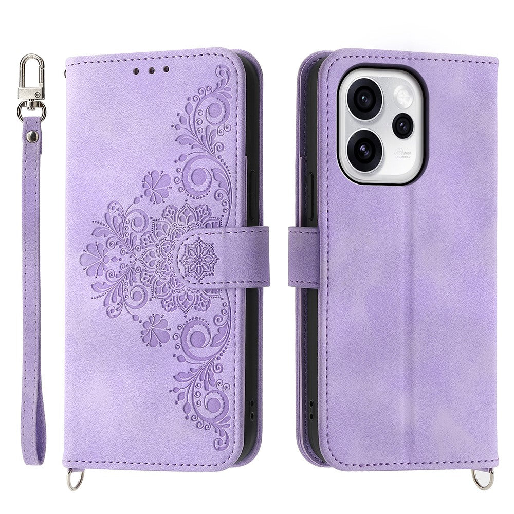 For Oppo Reno15 Pro Max 5G (Global) / Reno15 Pro 5G (China) Case Flower Pattern PU Leather Wallet Phone Cover with Strap