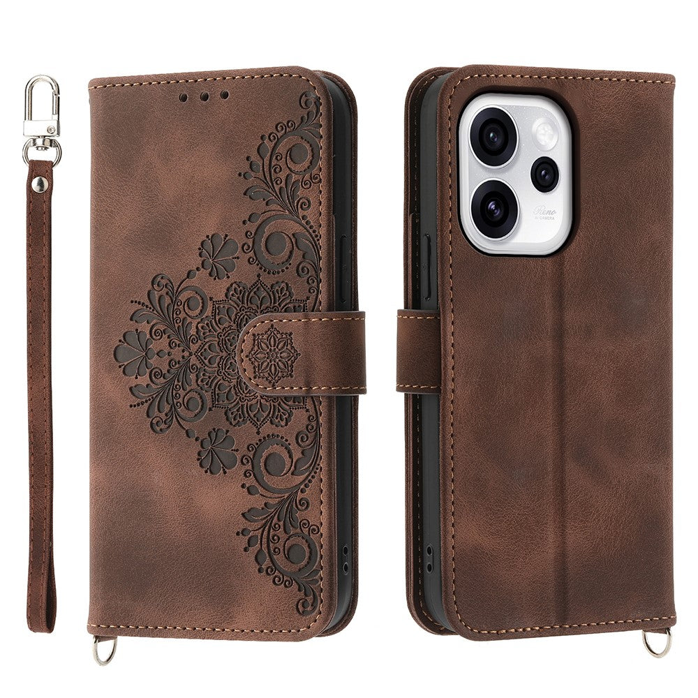 For Oppo Reno15 Pro Max 5G (Global) / Reno15 Pro 5G (China) Case Flower Pattern PU Leather Wallet Phone Cover with Strap