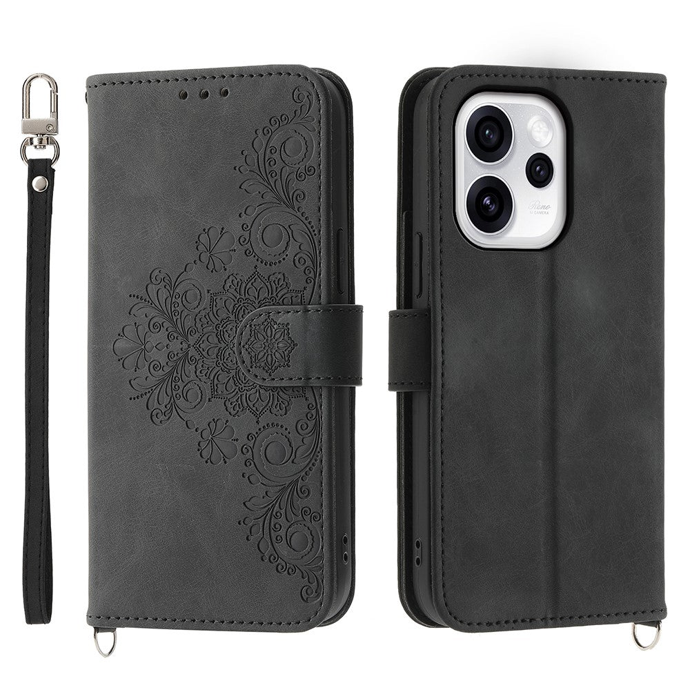 For Oppo Reno15 Pro Max 5G (Global) / Reno15 Pro 5G (China) Case Flower Pattern PU Leather Wallet Phone Cover with Strap