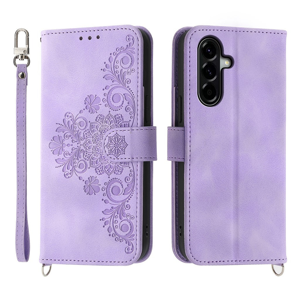 Til Samsung Galaxy A57 5G Etui Blomstermønster PU Læder Pung Telefoncover med Rem