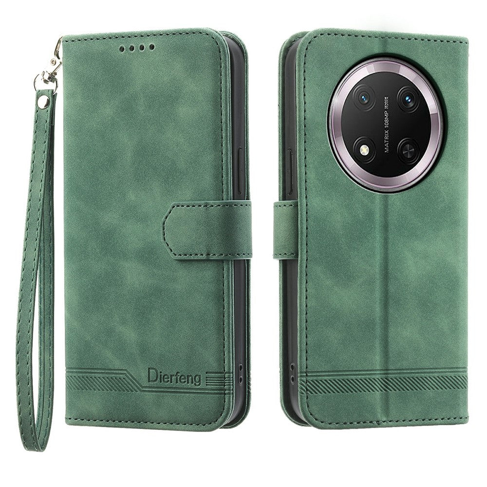 DIERFENG DF-03 Leather Case For Honor Magic8 Lite 5G  /  X70 5G  /  X9d 5G Lines Imprint Wallet Phone Cover with Wrist Strap