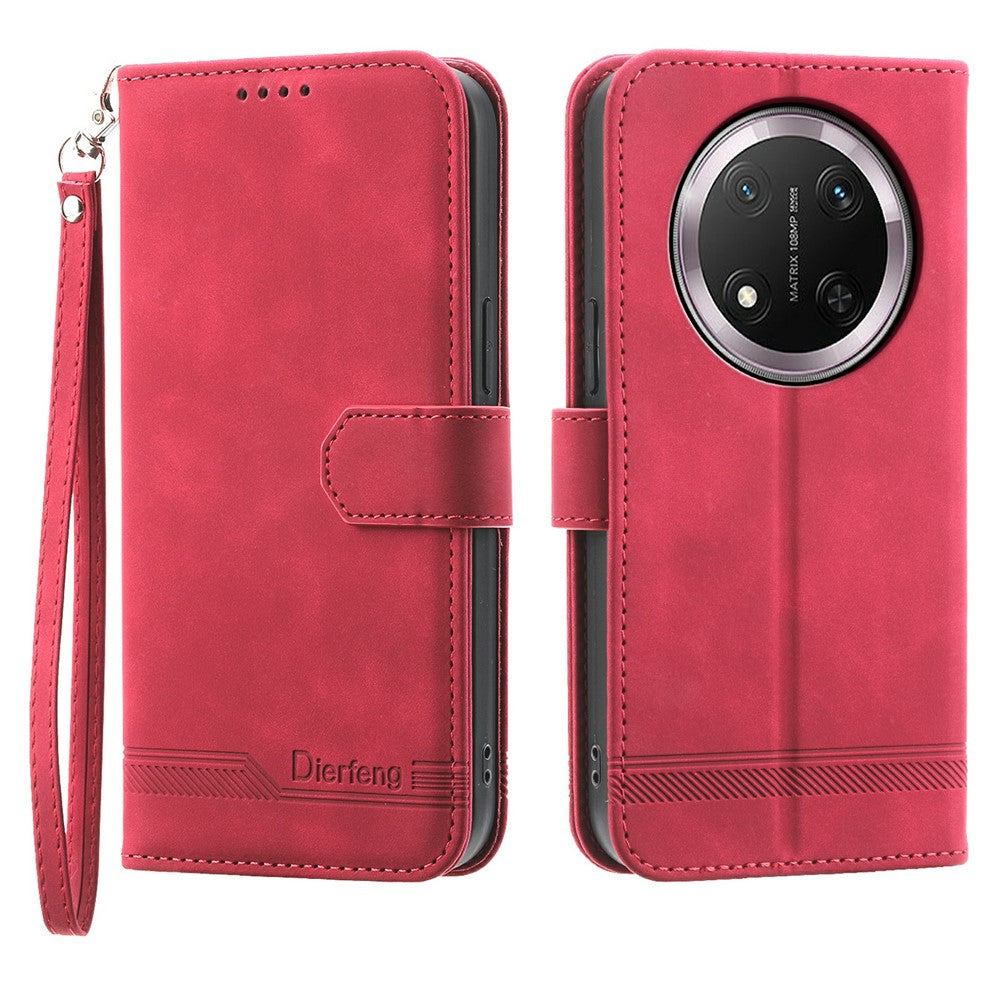 DIERFENG DF-03 Leather Case For Honor Magic8 Lite 5G  /  X70 5G  /  X9d 5G Lines Imprint Wallet Phone Cover with Wrist Strap