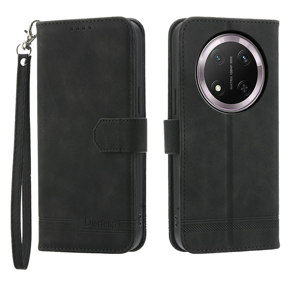 DIERFENG DF-03 Leather Case For Honor Magic8 Lite 5G  /  X70 5G  /  X9d 5G Lines Imprint Wallet Phone Cover with Wrist Strap