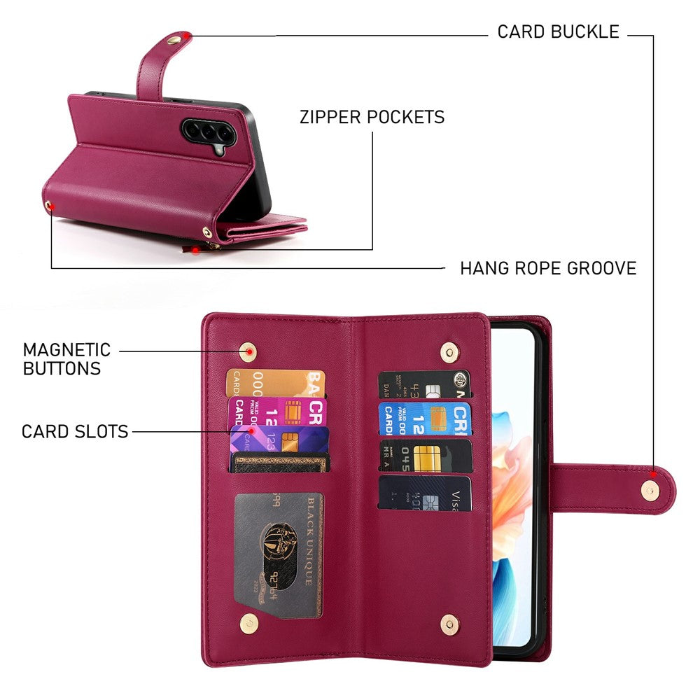 For Samsung Galaxy A57 5G Case Zipper Pocket Wallet Leather Phone Cover with Straps