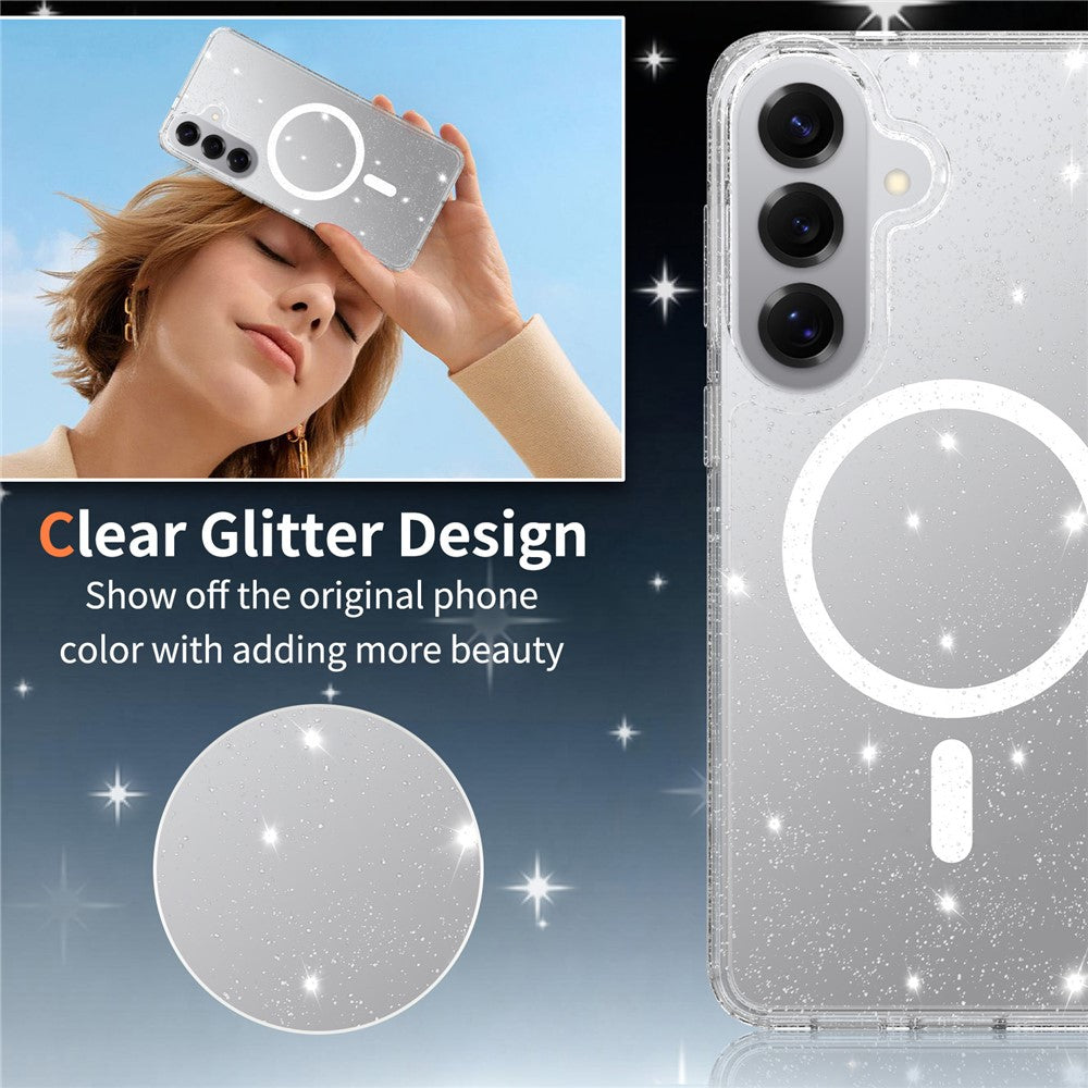 For Samsung Galaxy S26+ Magnetic Case Glitter Powder TPU Scratch-proof Phone Cover with Tempered Glass