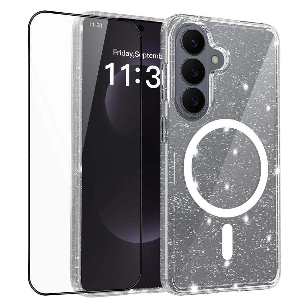 Til Samsung Galaxy S26 Magnetisk cover med glitterpulver TPU Ridsefast telefoncover med hærdet glas