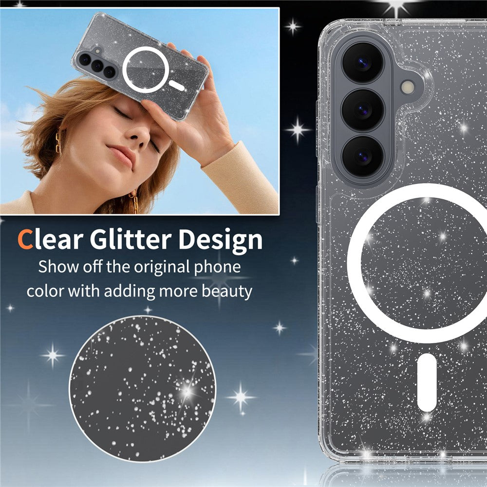 Samsung Galaxy S26 Magnetiskt Skal Glitter Puder TPU Reptåligt mobilskal med Härdat Glas