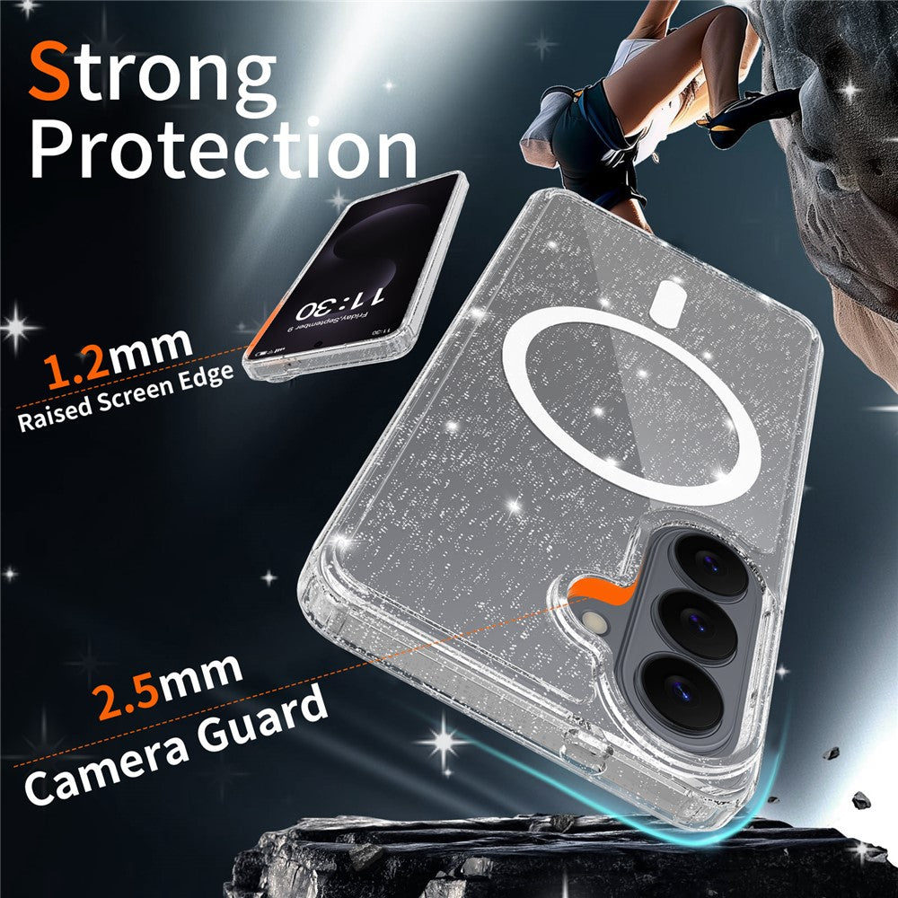 Samsung Galaxy S26 Magnetiskt Skal Glitter Puder TPU Reptåligt mobilskal med Härdat Glas