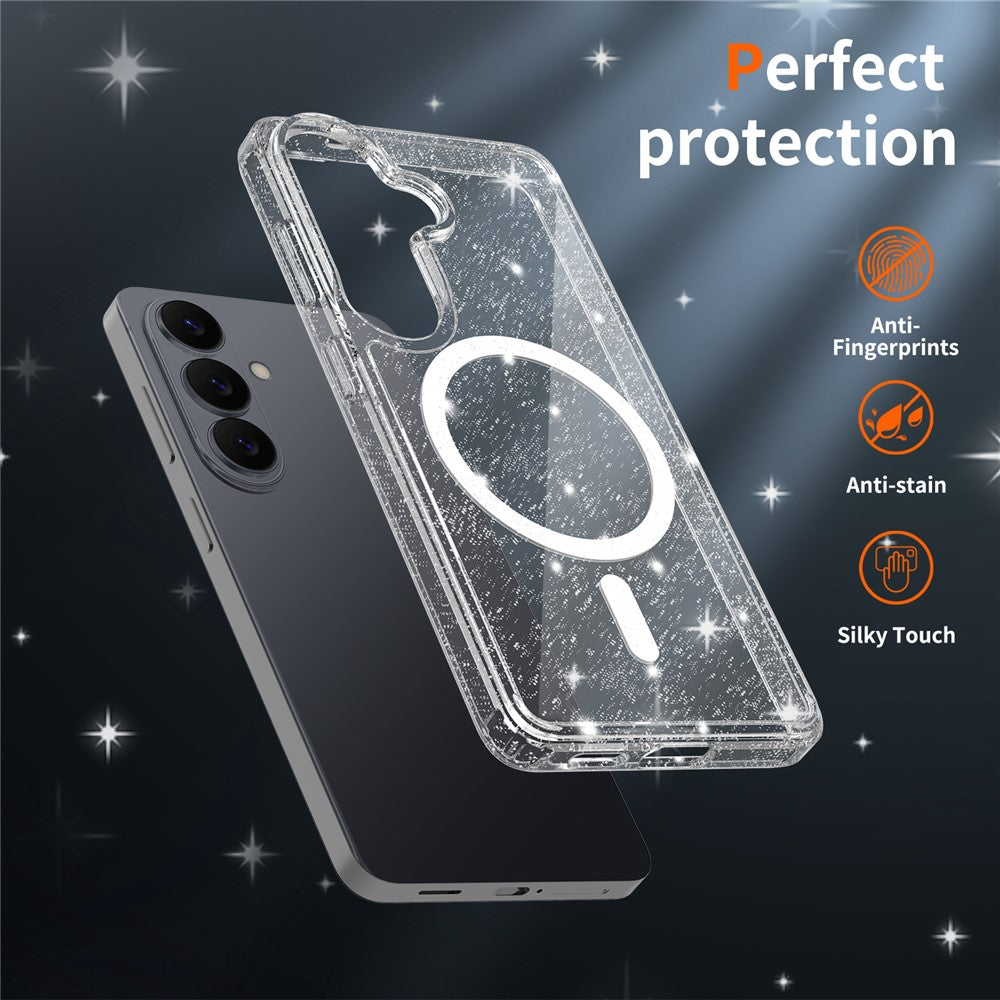Til Samsung Galaxy S26 Magnetisk cover med glitterpulver TPU Ridsefast telefoncover med hærdet glas