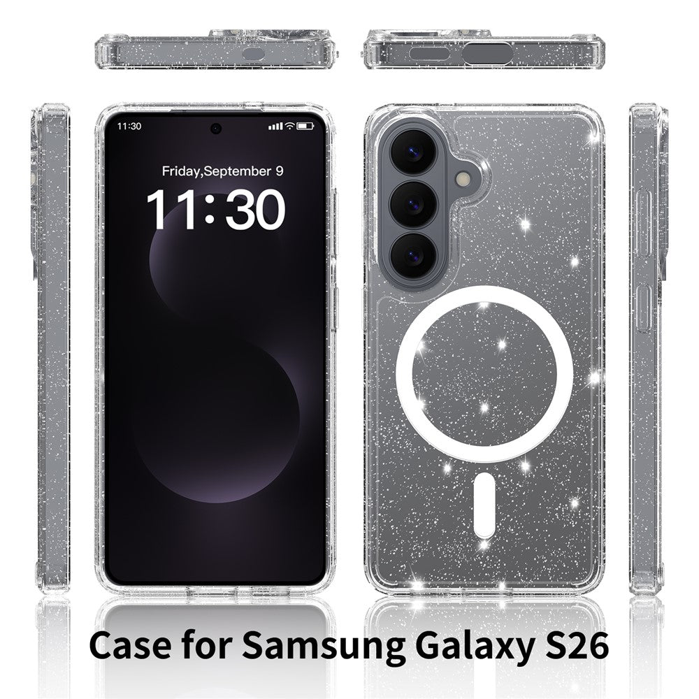 Samsung Galaxy S26 Magnetiskt Skal Glitter Puder TPU Reptåligt mobilskal med Härdat Glas