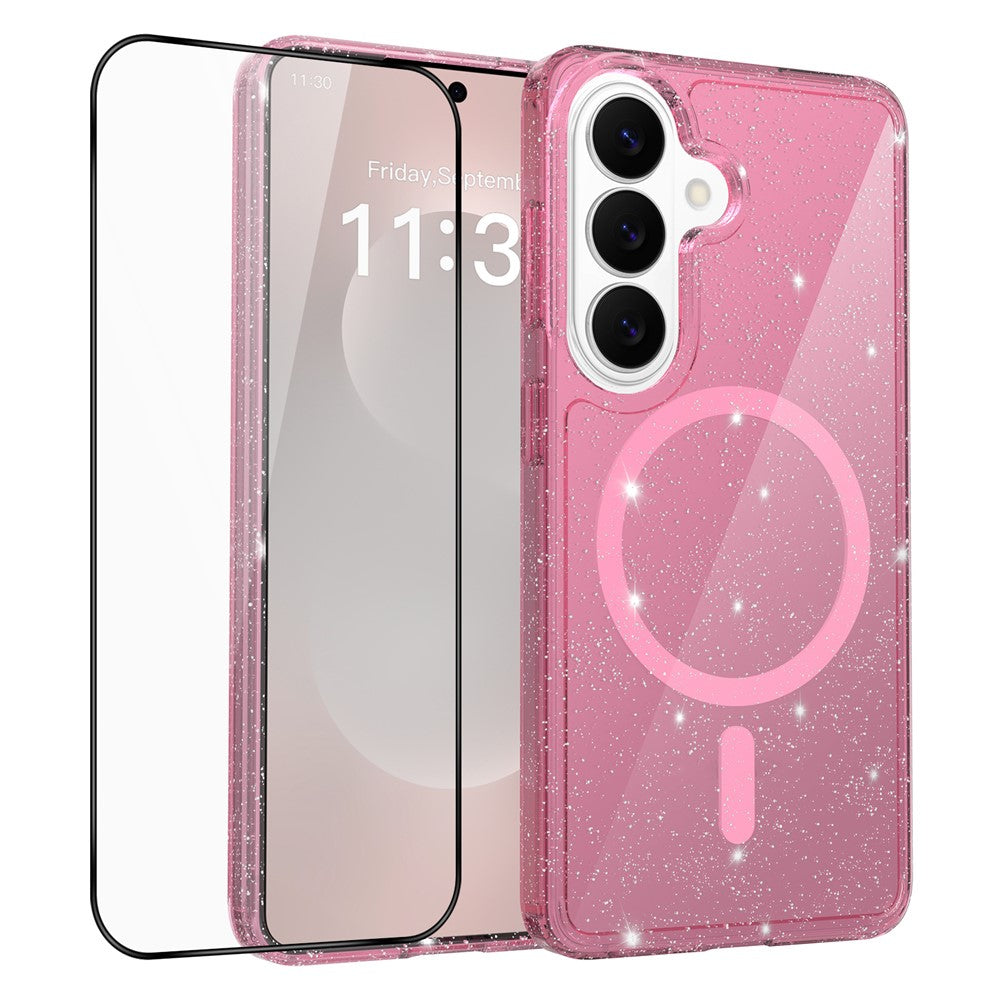 Samsung Galaxy S26 Magnetiskt Skal Glitter Puder TPU Reptåligt mobilskal med Härdat Glas