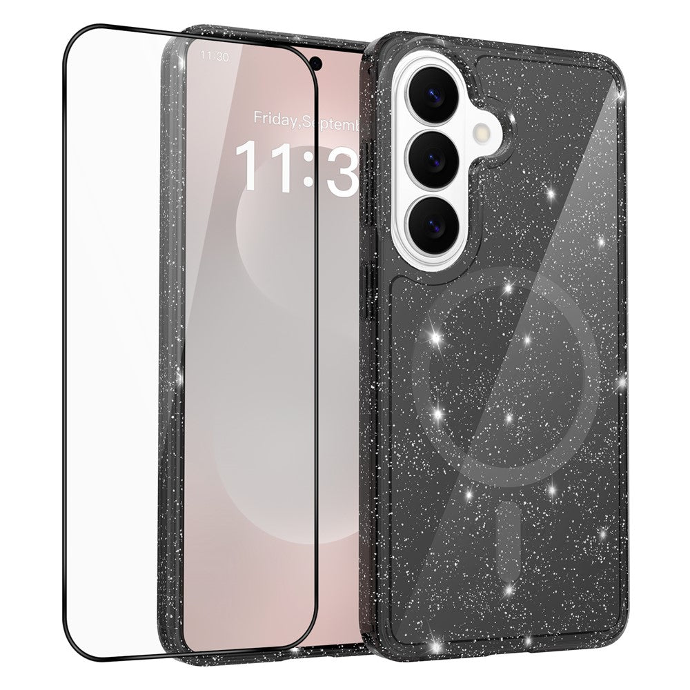 Til Samsung Galaxy S26 Magnetisk cover med glitterpulver TPU Ridsefast telefoncover med hærdet glas