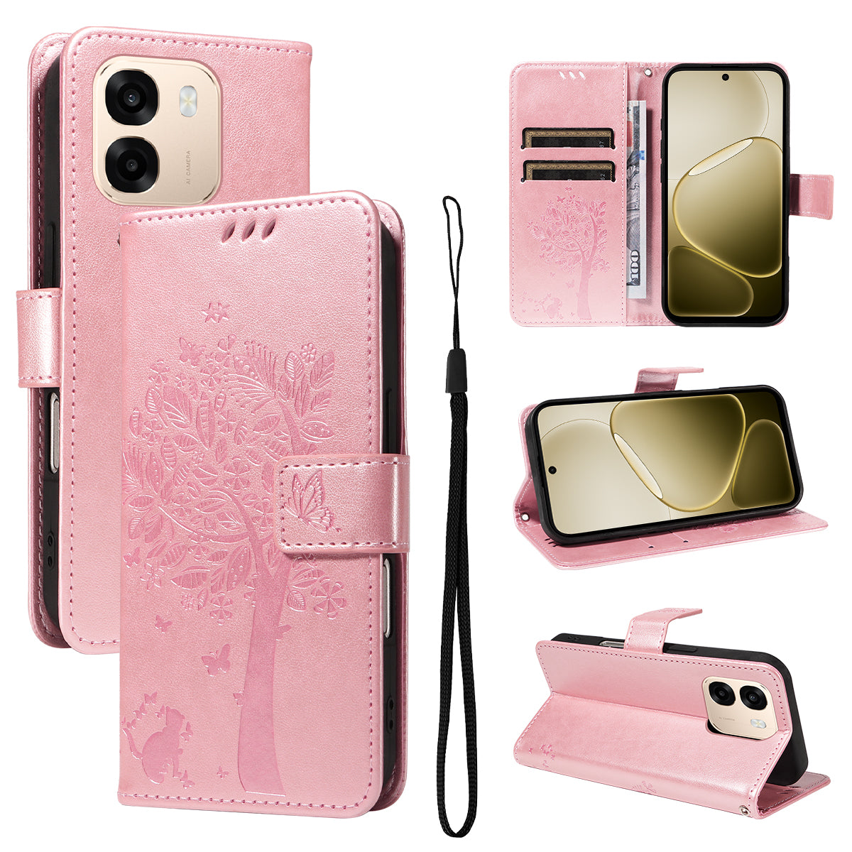 Oppo A6x 5G / A6x 4G / A6x 5G (Indien) / A6s 5G / A6 4G / A6 5G (Global) / A6t 4G / A6t 5G / A6t Pro 4G (Global) / A6c 4G-mobilcover med stativ, lædercover med kattemønster og mobilcover