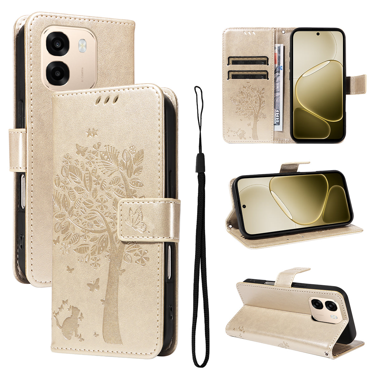 Oppo A6x 5G / A6x 4G / A6x 5G (Indien) / A6s 5G / A6 4G / A6 5G (Global) / A6t 4G / A6t 5G / A6t Pro 4G (Global) / A6c 4G-mobilcover med stativ, lædercover med kattemønster og mobilcover