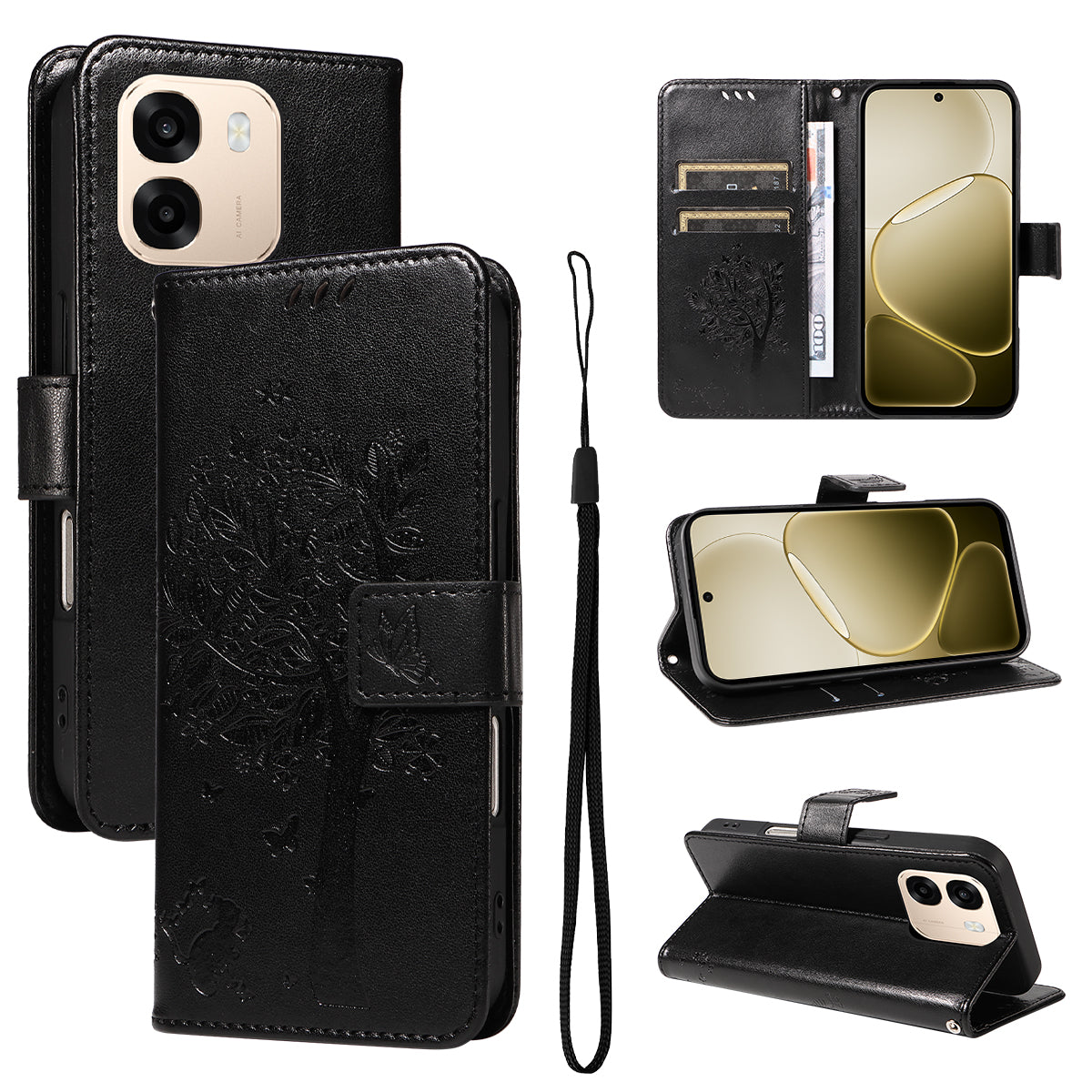 Oppo A6x 5G / A6x 4G / A6x 5G (Indien) / A6s 5G / A6 4G / A6 5G (Global) / A6t 4G / A6t 5G / A6t Pro 4G (Global) / A6c 4G-mobilcover med stativ, lædercover med kattemønster og mobilcover