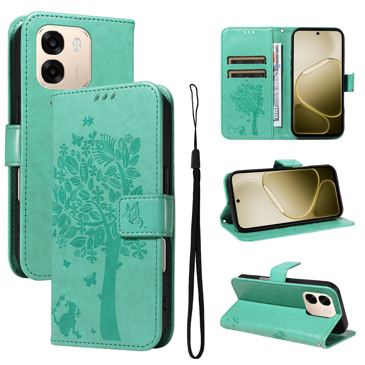 Oppo A6x 5G / A6x 4G / A6x 5G (Indien) / A6s 5G / A6 4G / A6 5G (Global) / A6t 4G / A6t 5G / A6t Pro 4G (Global) / A6c 4G-mobilcover med stativ, lædercover med kattemønster og mobilcover