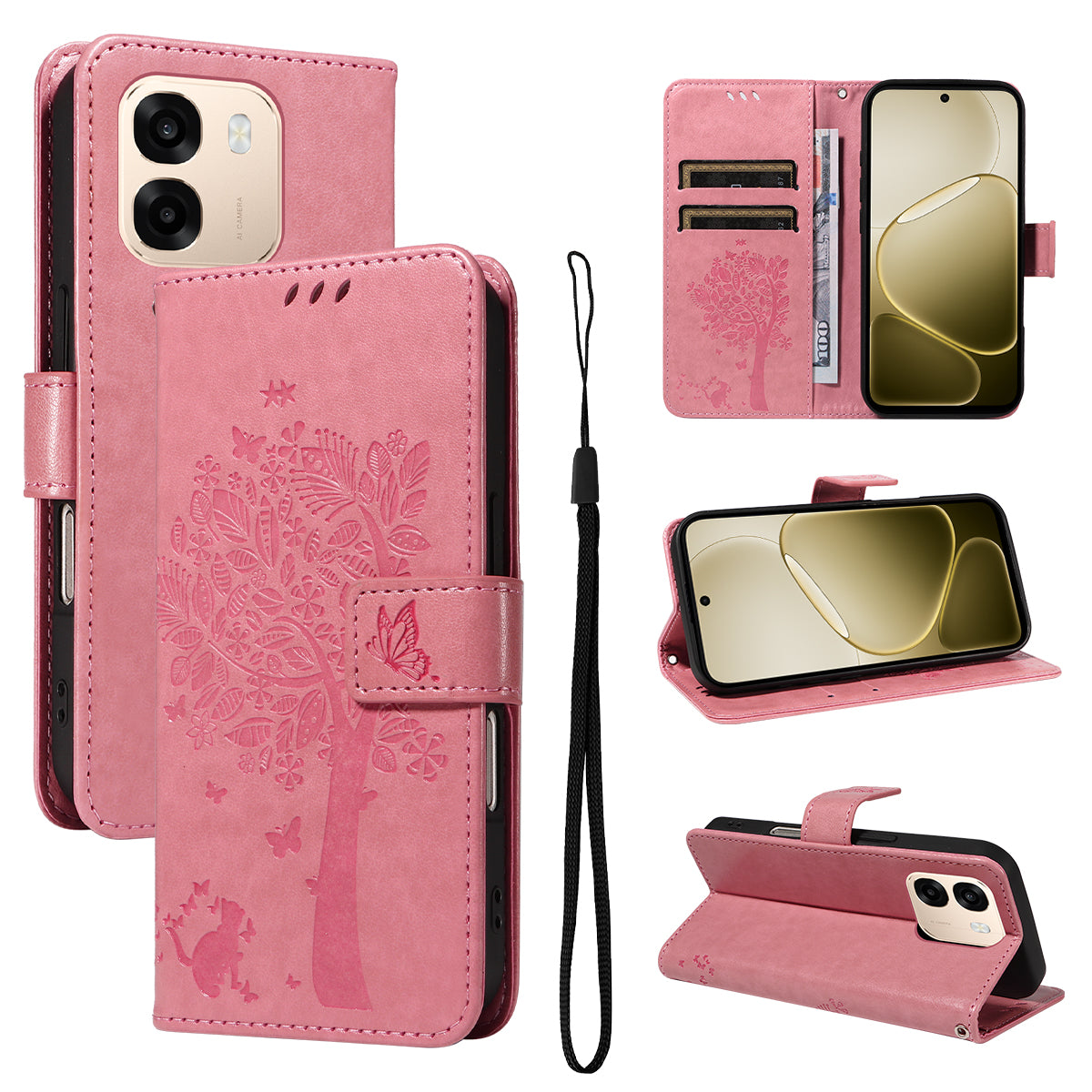 Oppo A6x 5G / A6x 4G / A6x 5G (Indien) / A6s 5G / A6 4G / A6 5G (Global) / A6t 4G / A6t 5G / A6t Pro 4G (Global) / A6c 4G-mobilcover med stativ, lædercover med kattemønster og mobilcover