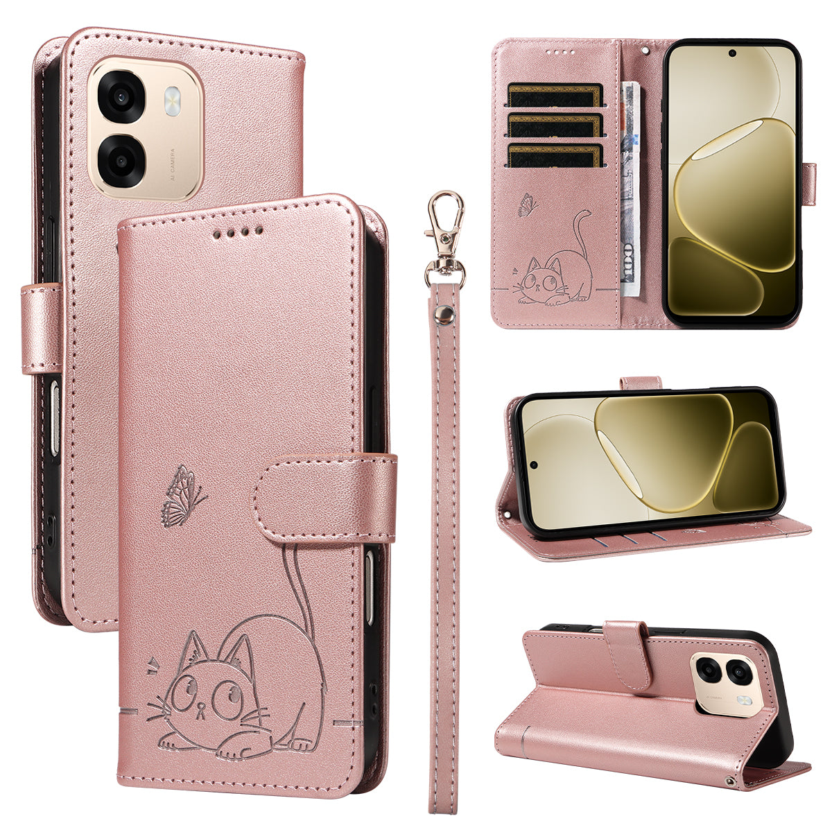 For Oppo A6x 5G / A6x 4G / A6x 5G (India) / A6s 5G / A6 4G / A6 5G (Global) / A6t 4G / A6t 5G / A6t Pro 4G (Global) / A6c 4G Case Cat Pattern Imprint Leather Phone Cover with Wrist Strap