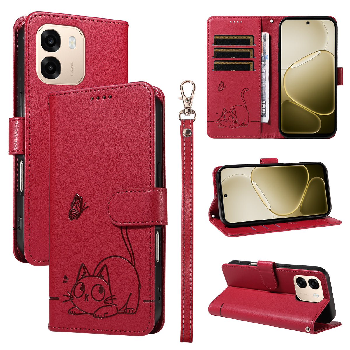 For Oppo A6x 5G / A6x 4G / A6x 5G (India) / A6s 5G / A6 4G / A6 5G (Global) / A6t 4G / A6t 5G / A6t Pro 4G (Global) / A6c 4G Case Cat Pattern Imprint Leather Phone Cover with Wrist Strap