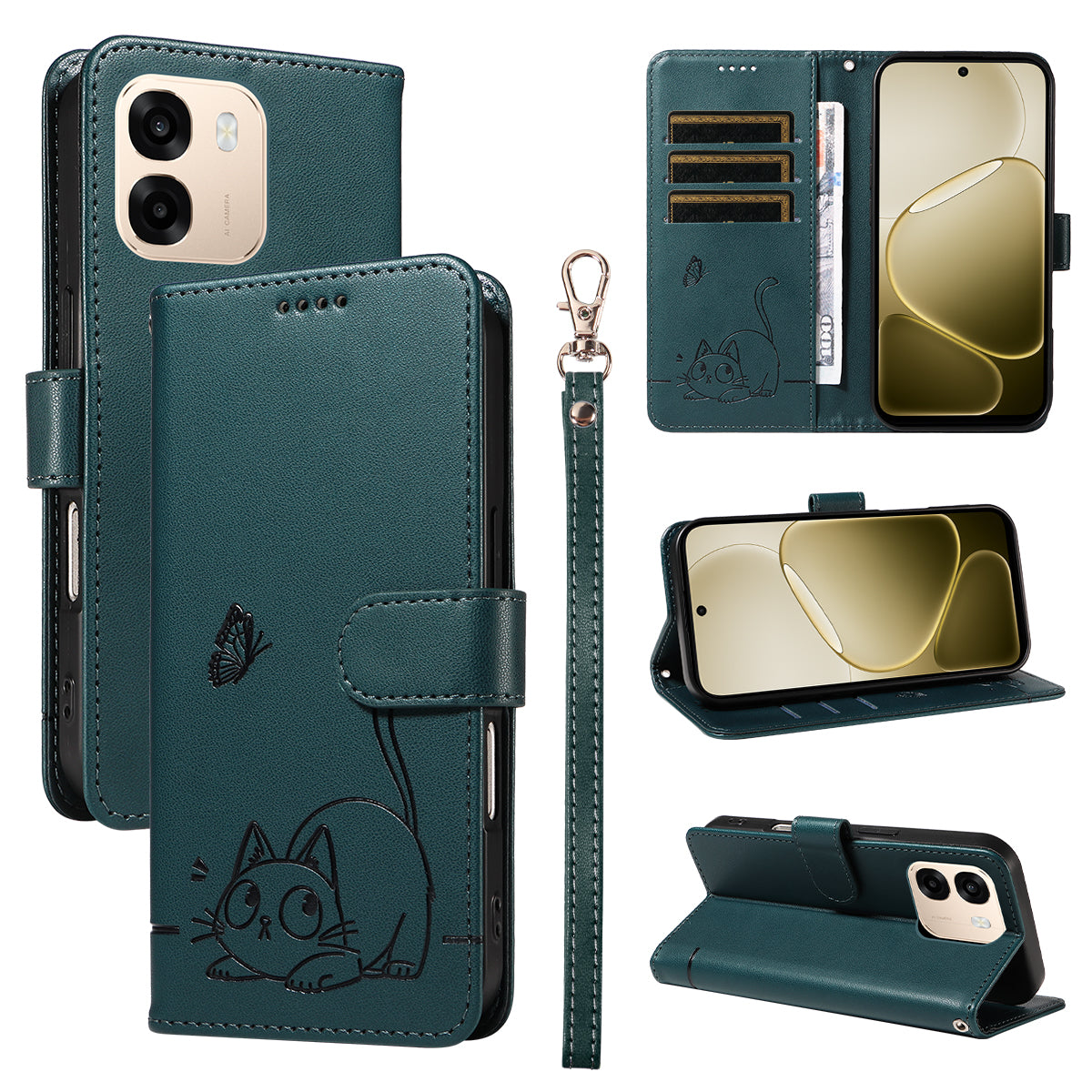 For Oppo A6x 5G / A6x 4G / A6x 5G (India) / A6s 5G / A6 4G / A6 5G (Global) / A6t 4G / A6t 5G / A6t Pro 4G (Global) / A6c 4G Case Cat Pattern Imprint Leather Phone Cover with Wrist Strap