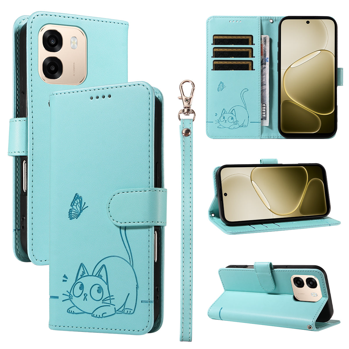 For Oppo A6x 5G / A6x 4G / A6x 5G (India) / A6s 5G / A6 4G / A6 5G (Global) / A6t 4G / A6t 5G / A6t Pro 4G (Global) / A6c 4G Case Cat Pattern Imprint Leather Phone Cover with Wrist Strap