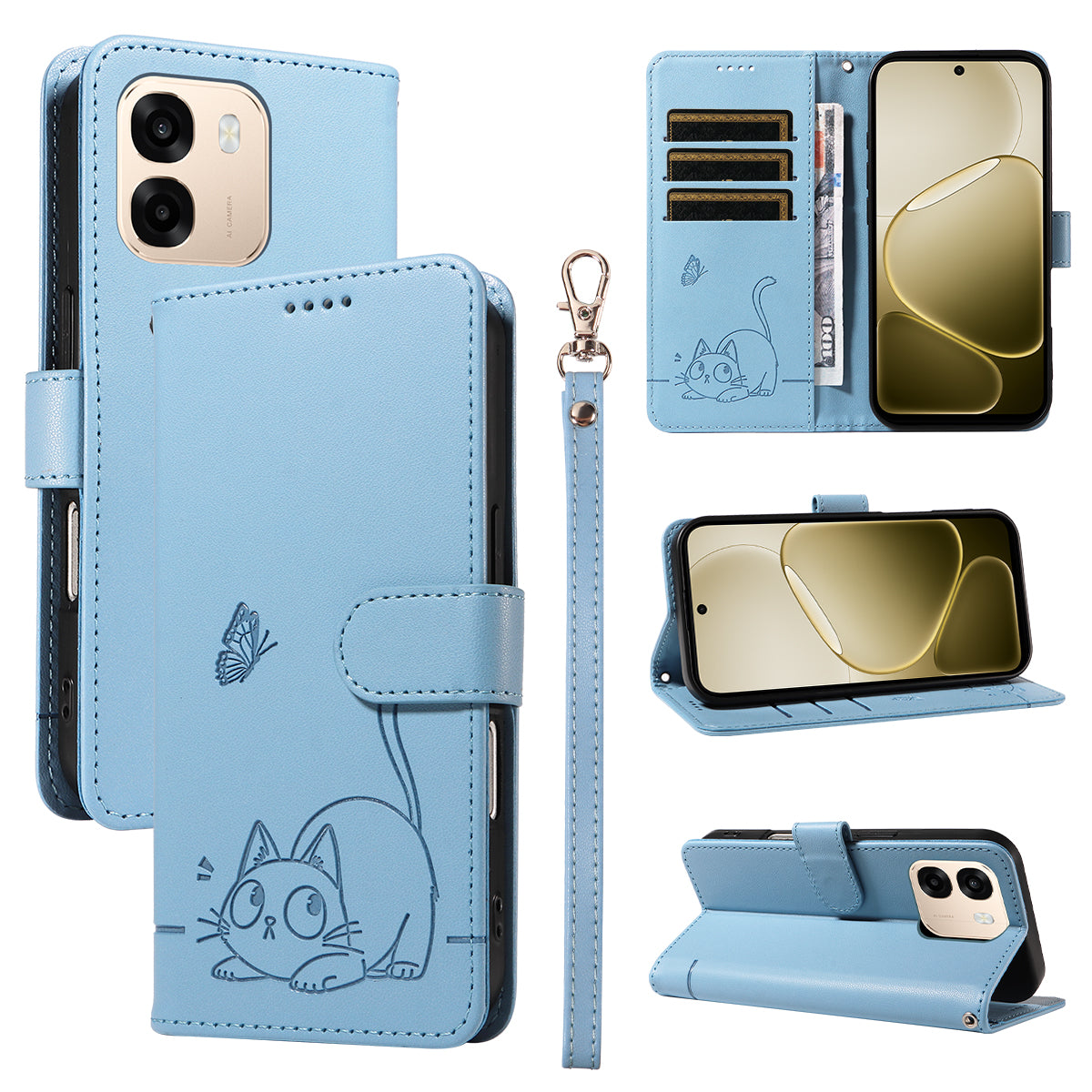 For Oppo A6x 5G / A6x 4G / A6x 5G (India) / A6s 5G / A6 4G / A6 5G (Global) / A6t 4G / A6t 5G / A6t Pro 4G (Global) / A6c 4G Case Cat Pattern Imprint Leather Phone Cover with Wrist Strap