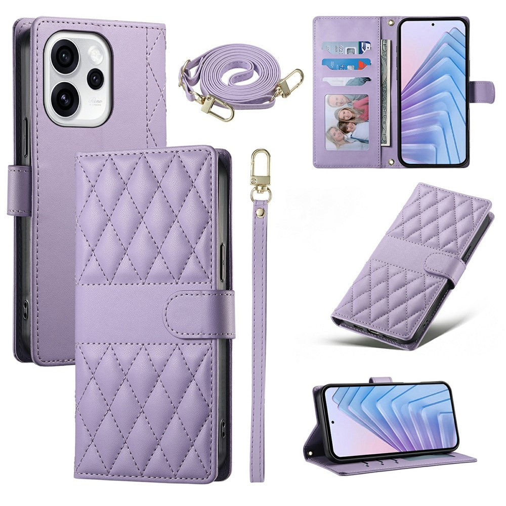 Oppo Reno15 Pro Max 5G (Global) / Reno15 Pro 5G (Kina) Plånboksfodral Rhombus-sömmar Stativ Lädermobilfodral med lång/kort rem