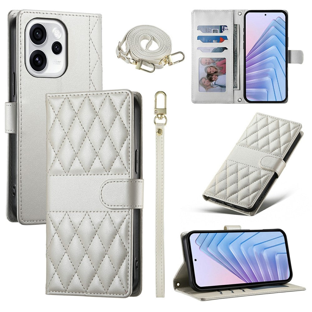 Oppo Reno15 Pro Max 5G (Global) / Reno15 Pro 5G (Kina) Plånboksfodral Rhombus-sömmar Stativ Lädermobilfodral med lång/kort rem
