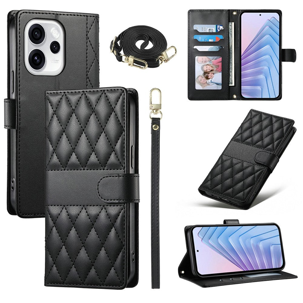 Oppo Reno15 Pro Max 5G (Global) / Reno15 Pro 5G (Kina) Plånboksfodral Rhombus-sömmar Stativ Lädermobilfodral med lång/kort rem