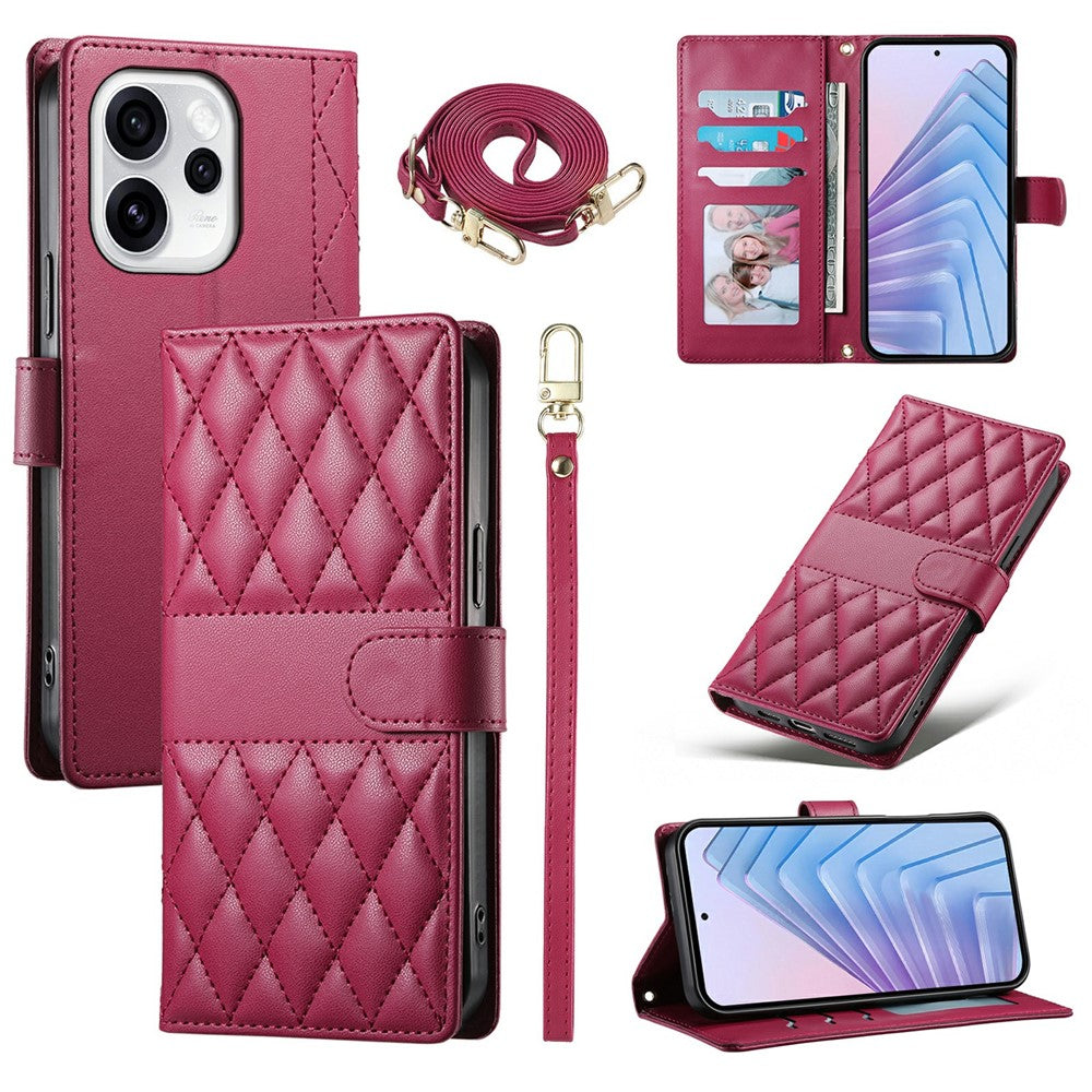 Oppo Reno15 Pro Max 5G (Global) / Reno15 Pro 5G (Kina) Plånboksfodral Rhombus-sömmar Stativ Lädermobilfodral med lång/kort rem