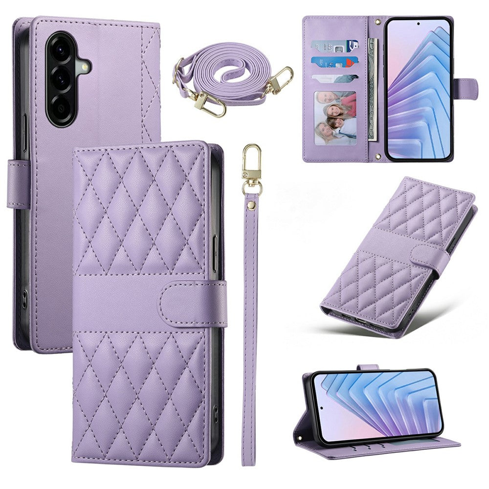 For Samsung Galaxy A57 5G Wallet Case Rhombus Stitching Stand Leather Phone Cover with Long / Short Strap