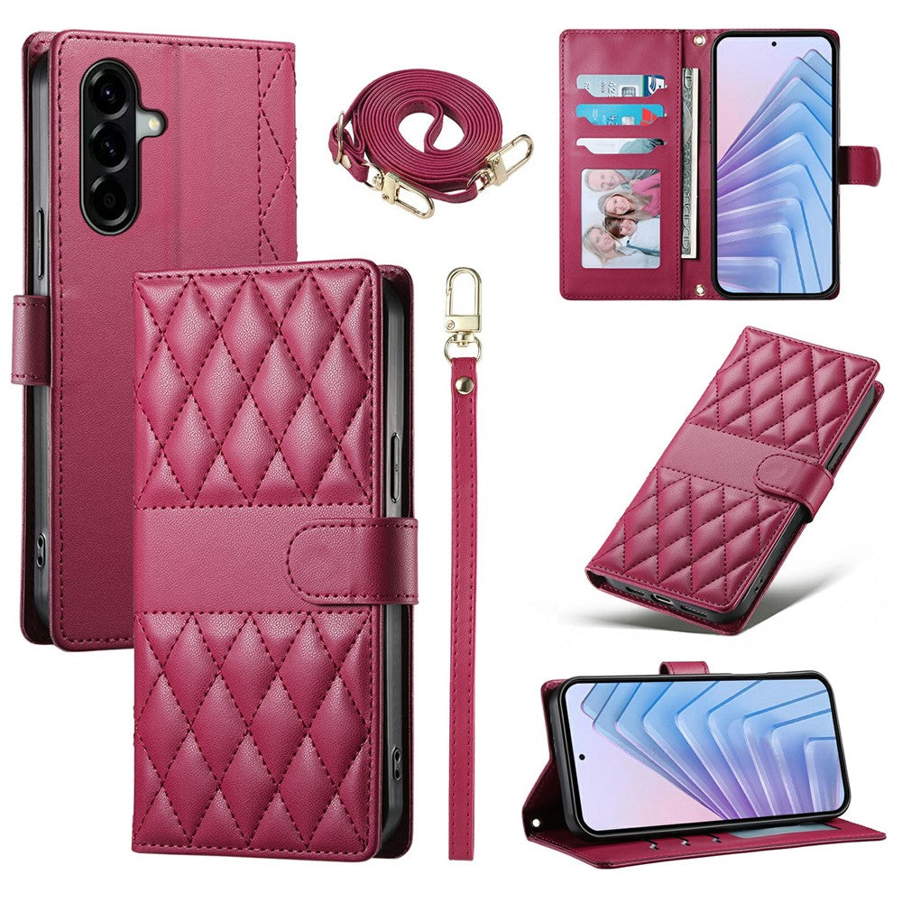 For Samsung Galaxy A57 5G Wallet Case Rhombus Stitching Stand Leather Phone Cover with Long / Short Strap