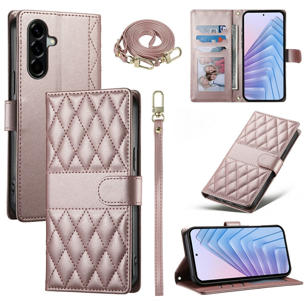 For Samsung Galaxy A57 5G Wallet Case Rhombus Stitching Stand Leather Phone Cover with Long / Short Strap