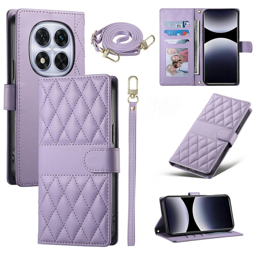 For Xiaomi Redmi Note 15 Pro 4G (Global) Wallet Case Rhombus Stitching Stand Leather Phone Cover with Long / Short Strap