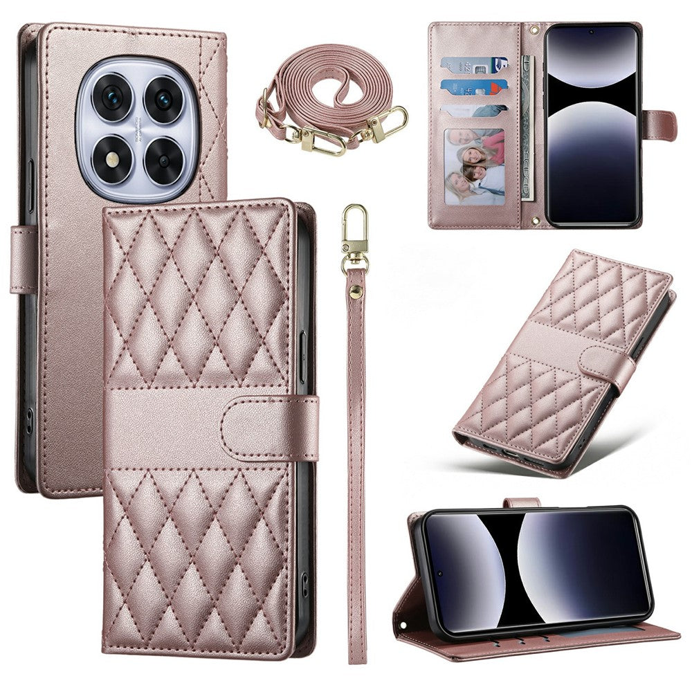 For Xiaomi Redmi Note 15 Pro 4G (Global) Wallet Case Rhombus Stitching Stand Leather Phone Cover with Long / Short Strap