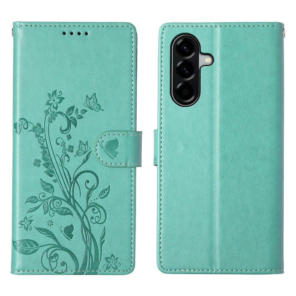For Samsung Galaxy A37 5G Wallet Case Butterfly Floral Imprint PU Leather Phone Cover with Wrist Strap